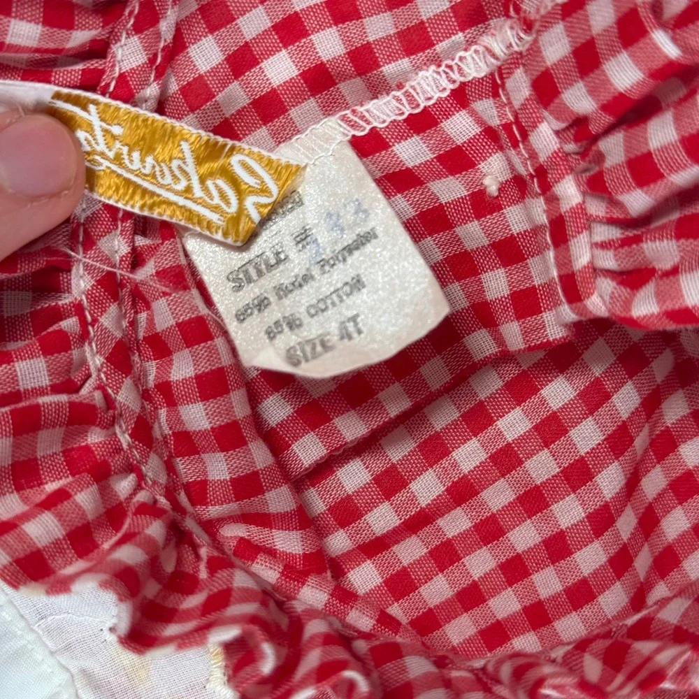 Vintage Sakowitz Girls Red Gingham Apron Dress I Love You This Much 4T Eyelet